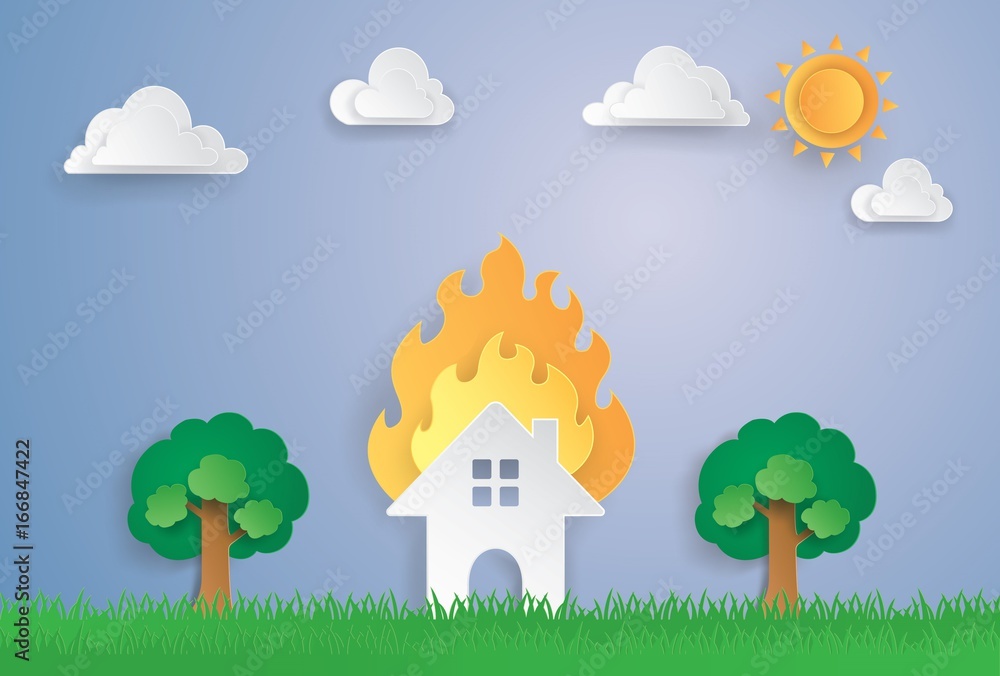 House Home On Fire Paper Art Illustration