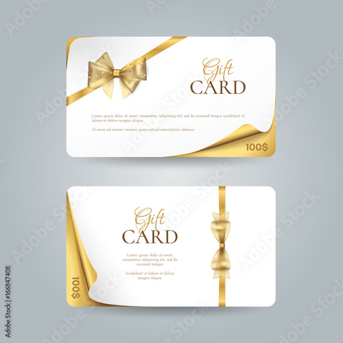 Vector set of elegant gift cards with curved corners, golden bows and ribbons. Luxury template for gift vouchers, coupons and certificates. Isolated from the background.