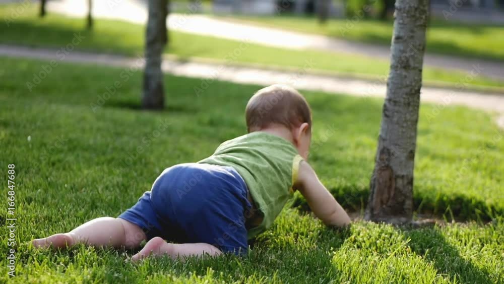 Baby slowly crawling on meadow from. The little baby world. Slow motion. 4k.