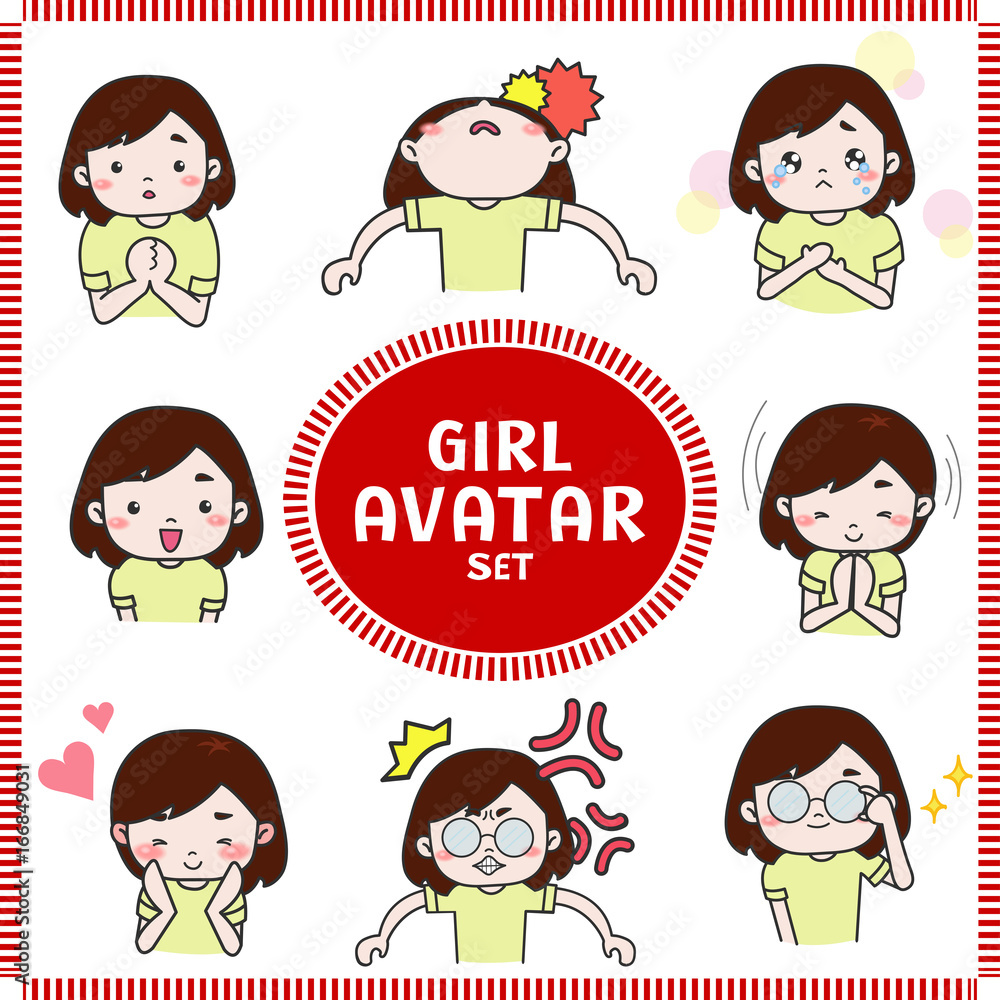 Cute cartoon illustration of girl and woman avatar icon in various activities and mood set 1. Girl icon set in Japanese manga style, create by vector