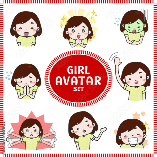 Cute cartoon illustration of girl and woman avatar icon in various activities and mood set 1. Girl icon set in Japanese manga style, create by vector