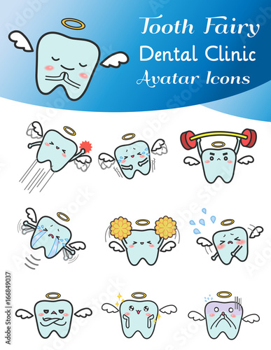 Cute cartoon illustration of tooth fairy avatar icon in various activities and mood set 1. Cute tooth icon set in Japanese manga style for dental clinic or decoration usage, create by vector