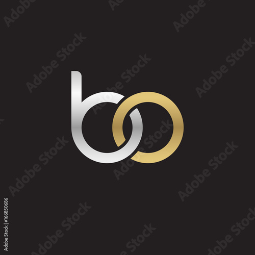 Initial lowercase letter bo, linked overlapping circle chain shape logo, silver gold colors on black background 