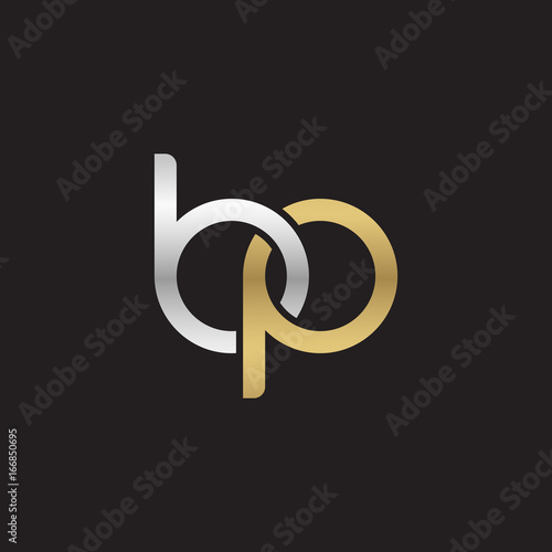 Initial lowercase letter bp, linked overlapping circle chain shape logo, silver gold colors on black background 