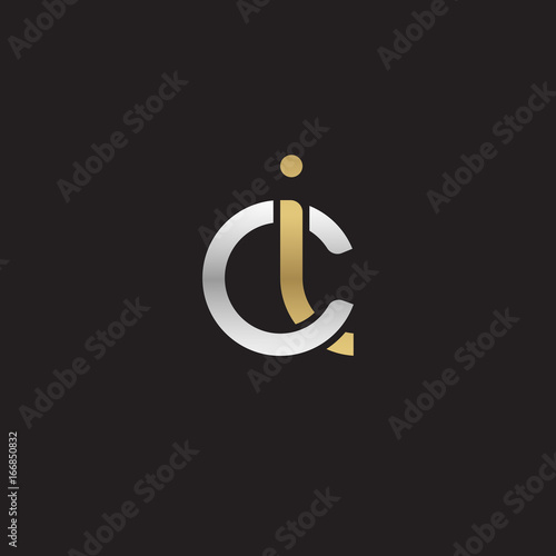Initial lowercase letter ci, linked overlapping circle chain shape logo, silver gold colors on black background