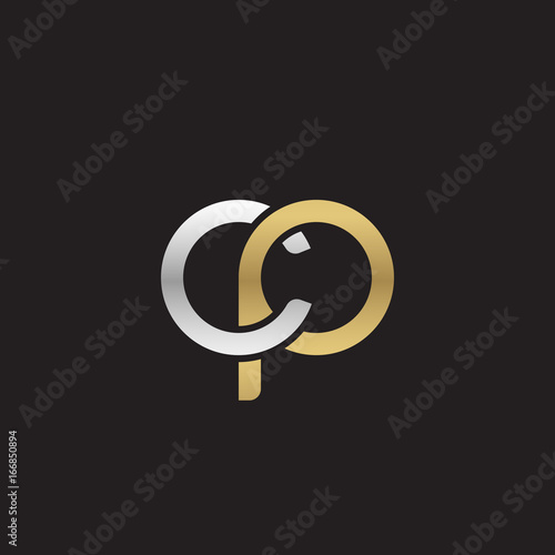 Initial lowercase letter cp, linked overlapping circle chain shape logo, silver gold colors on black background