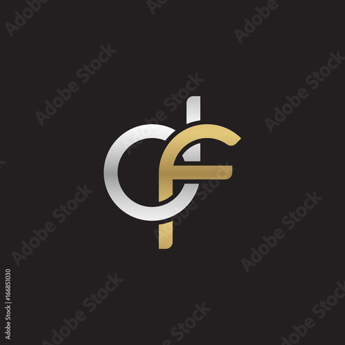 Initial lowercase letter df, linked overlapping circle chain shape logo, silver gold colors on black background