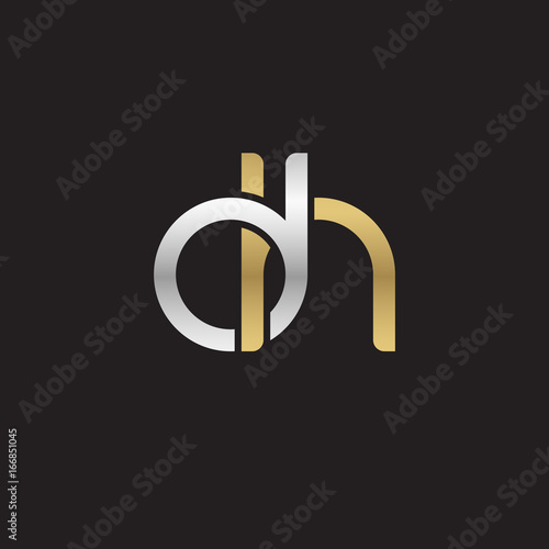 Initial lowercase letter dh, linked overlapping circle chain shape logo, silver gold colors on black background