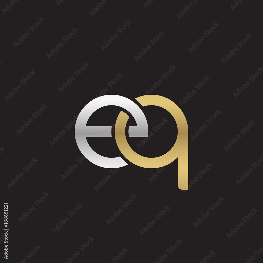 Initial lowercase letter eq, linked overlapping circle chain shape logo, silver gold colors on black background Initial lowercase letter eq, linked overlapping circle chain shape logo, silver gold colors on black background