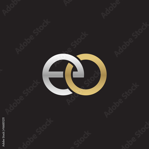 Initial lowercase letter eo, linked overlapping circle chain shape logo, silver gold colors on black background