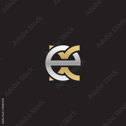 Initial lowercase letter ex, linked overlapping circle chain shape logo, silver gold colors on black background