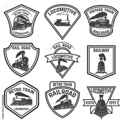 Set of the emblems with vintage trains isolated on white background. Design elements for logo, label, emblem, sign, badge. Vector illustration