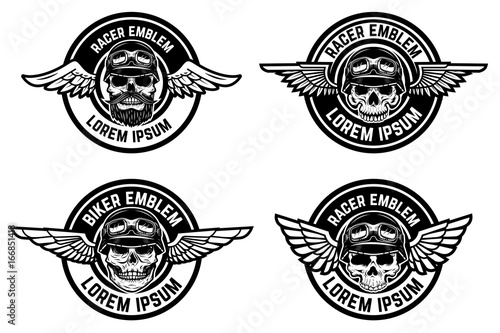 Racer emblems. Set of winged emblems with skulls. Design elements for biker club, racer community logo, label, sign. Vector illustration