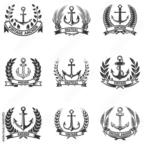 Set of the emblems with anchors and wreaths. Design elements for logo, label, emblem, sign, badge. Vector illustration