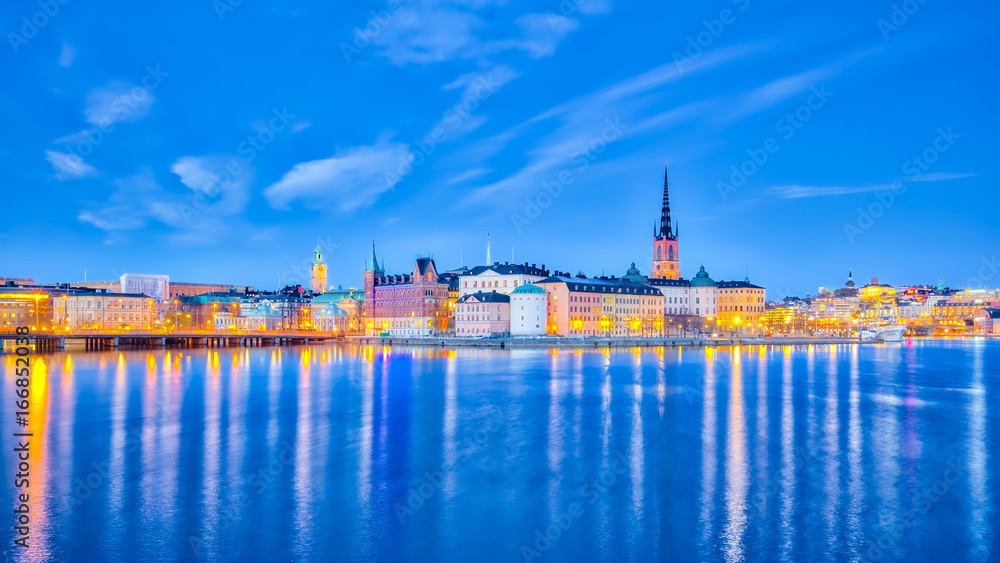 Panorama view of Stockholm cityscape at night in Sweden