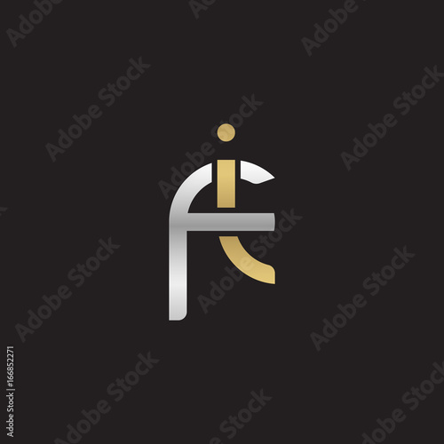 Initial lowercase letter fi, linked overlapping circle chain shape logo, silver gold colors on black background