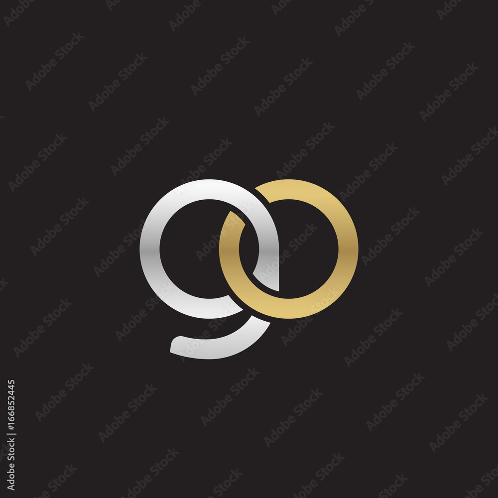 Initial lowercase letter go, linked overlapping circle chain shape logo, silver gold colors on black background Initial lowercase letter go, linked overlapping circle chain shape logo, silver gold colors on black background