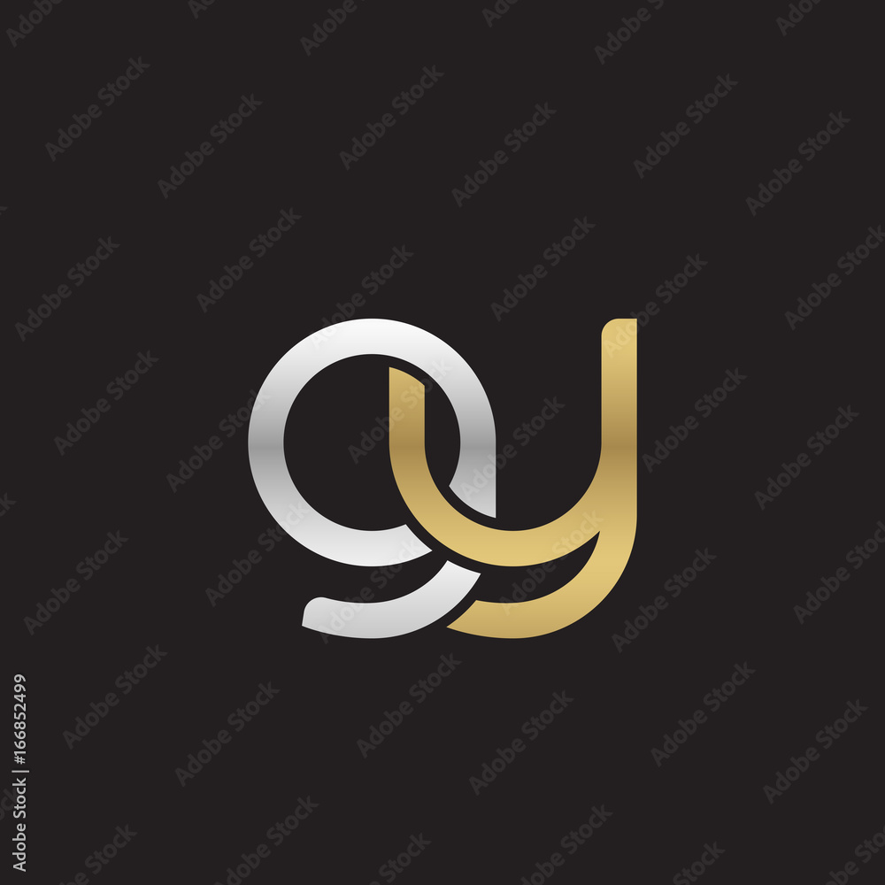 Initial lowercase letter gy, linked overlapping circle chain shape logo, silver gold colors on black background Initial lowercase letter gy, linked overlapping circle chain shape logo, silver gold colors on black background