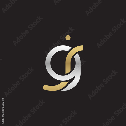 Initial lowercase letter gj, linked overlapping circle chain shape logo, silver gold colors on black background