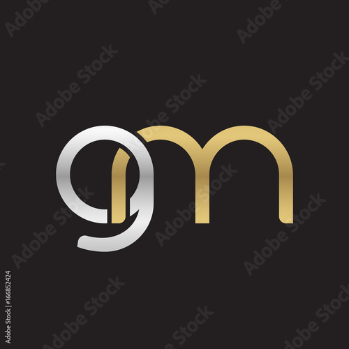 Initial lowercase letter gm, linked overlapping circle chain shape logo, silver gold colors on black background
