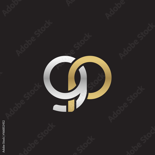 Initial lowercase letter gp, linked overlapping circle chain shape logo, silver gold colors on black background