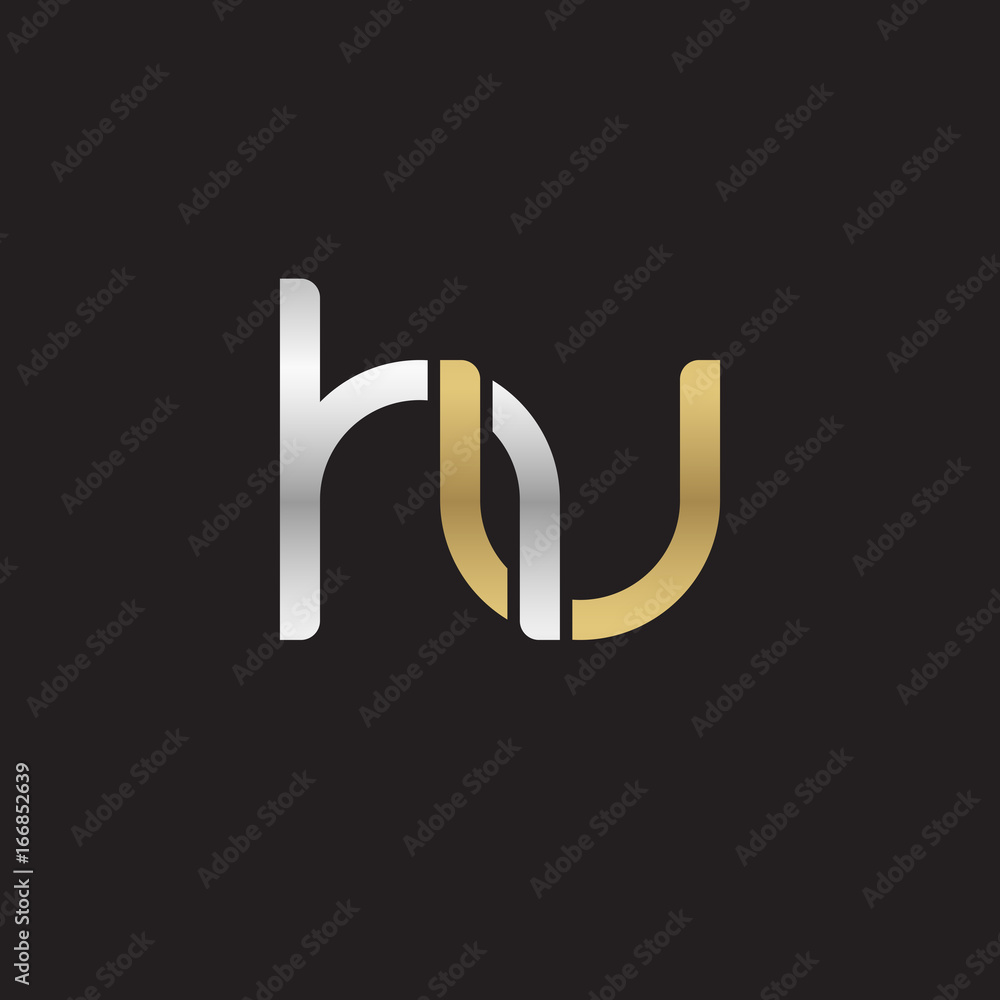 Obraz premium Initial lowercase letter hu, linked overlapping circle chain shape logo, silver gold colors on black background