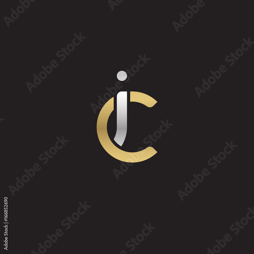 Initial lowercase letter ic, linked overlapping circle chain shape logo, silver gold colors on black background