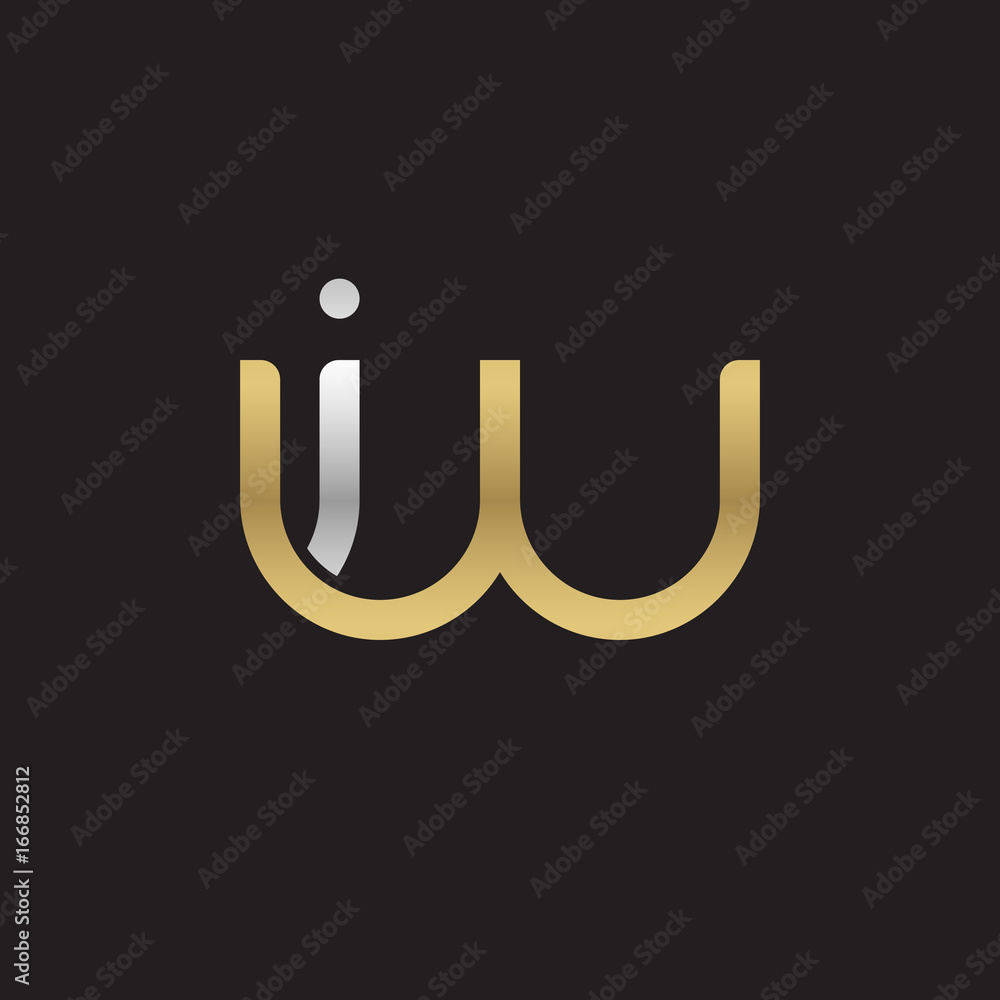 Initial lowercase letter iw, linked overlapping circle chain shape logo, silver gold colors on black background Initial lowercase letter iw, linked overlapping circle chain shape logo, silver gold colors on black background
