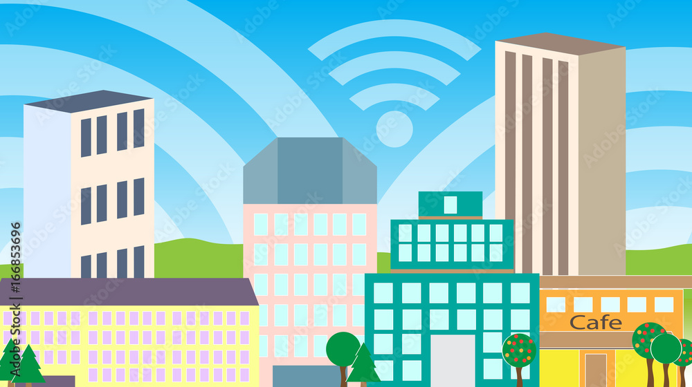 Smart city wi-fi. Buildings and trees, cafe. Vector