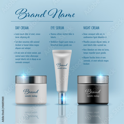 Set of cosmetic products on blue background. Packaging template. Vector illustration