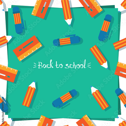 Pencil, pen, ruler and inscription. Back to school. Seamless pattern for a postcard or poster. Congratulation for schoolchildren. Modern and fresh decoration for the holiday on a green background. Bea