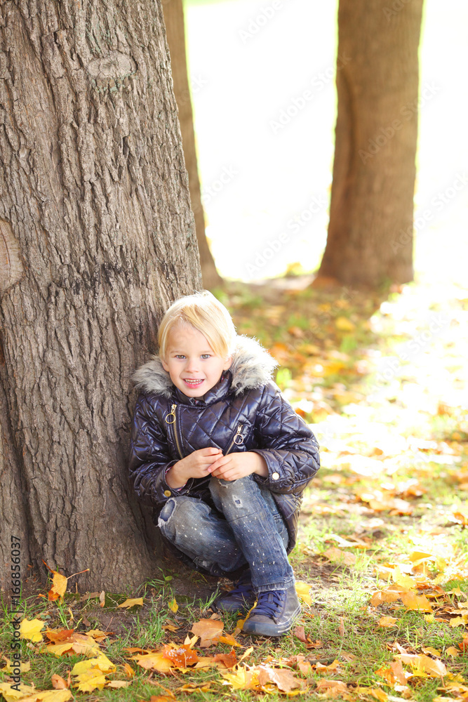 Boy sitting under tree in autumn park Boy sitting under tree in autumn park