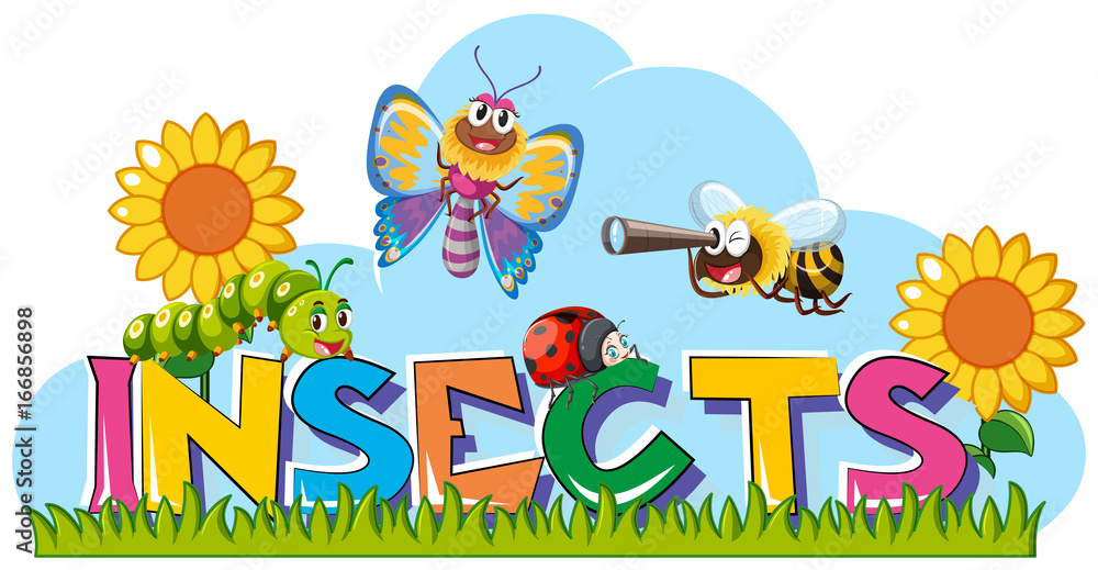 Naklejka premium Word for insects with many insects in garden