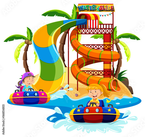 Boy and girl playing water slide