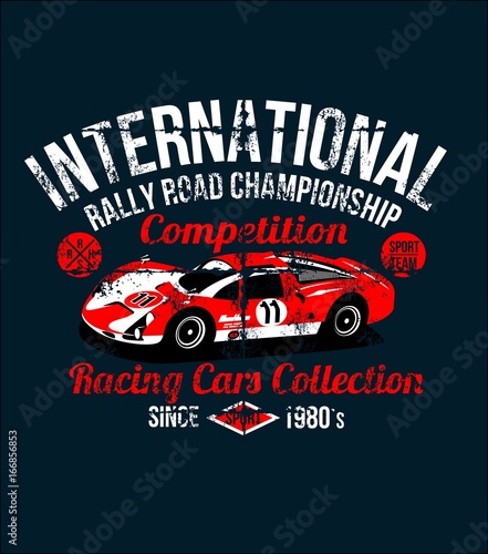 Wear print red car on circuit ring race classic sport car t-shirts illustration. The car is no have a real prototype of coloring & number