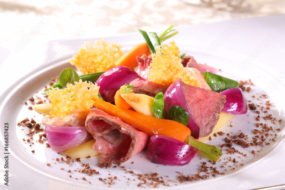 Fine dining dish - beef, carrots, red onion Fine dining dish - beef, carrots, red onion