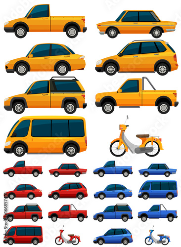 Different types of transportations in three colors