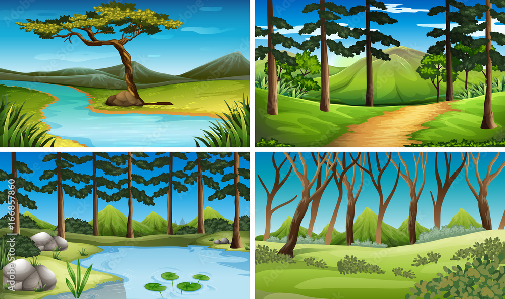 Four scenes of forest and river