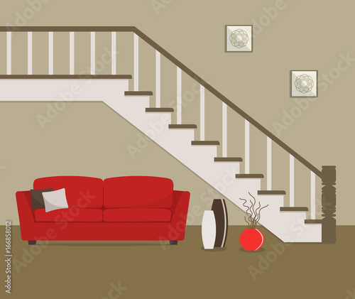 Red sofa, located under the stairs. There is also a big vases with decorative branches and pictures in the image. Vector flat illustration.