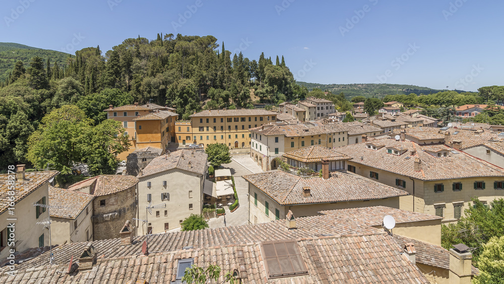Aerial view of the Tuscan village of Cetona, Siena, Italy, on a sunny day