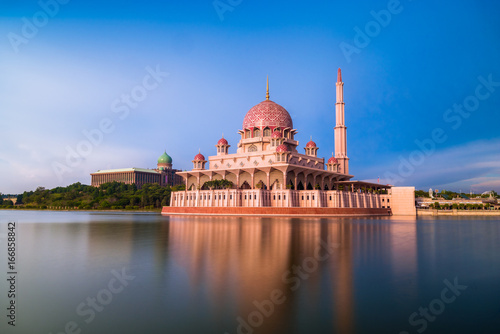 Putra mosque during sunset sky, the most famous tourist attraction in Malaysia.