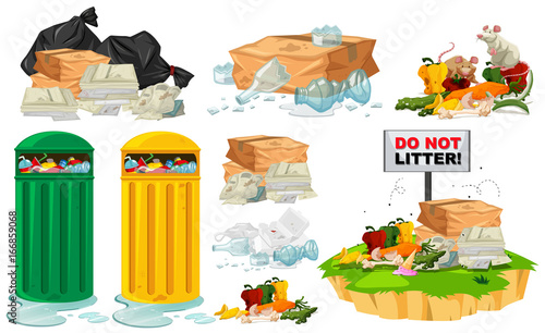 Rubbish on the floor and trashcans