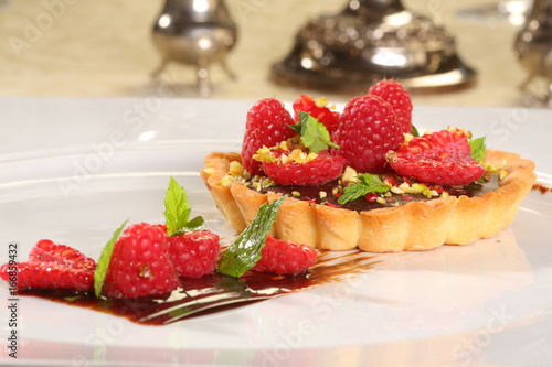 Fine dining dessert - chocolate raspberry tart