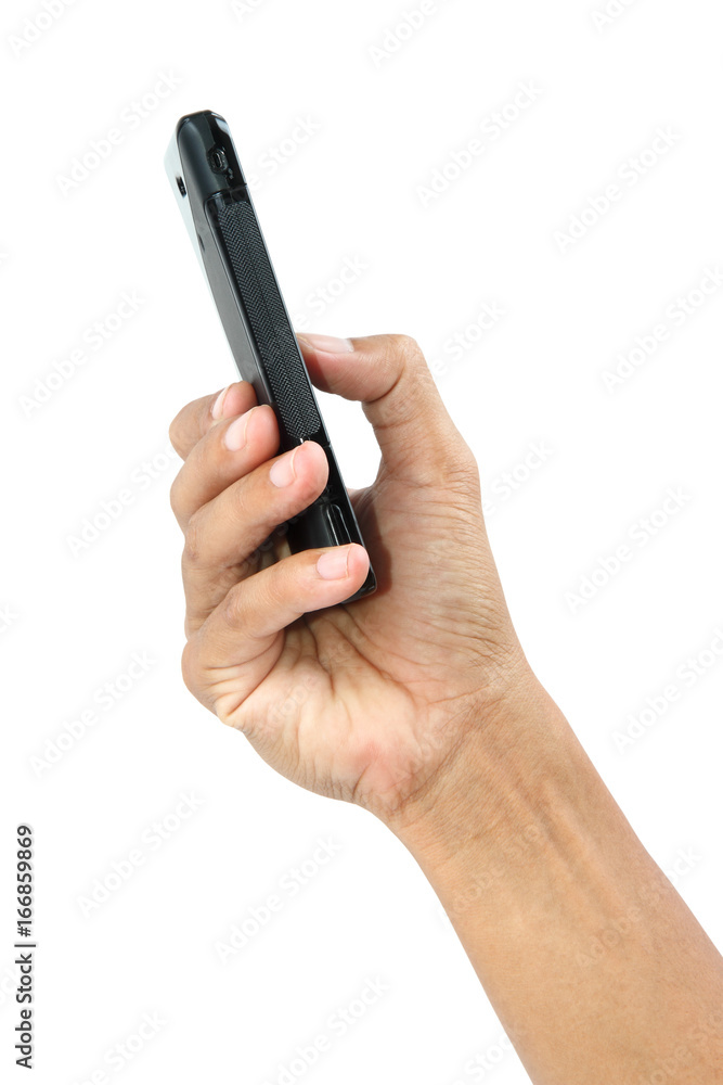 Male hand touching on mobile smartphone isolated with clipping path. Male hand touching on mobile smartphone isolated with clipping path.