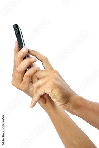 Male hands touching on mobile smartphone isolated with clipping path.