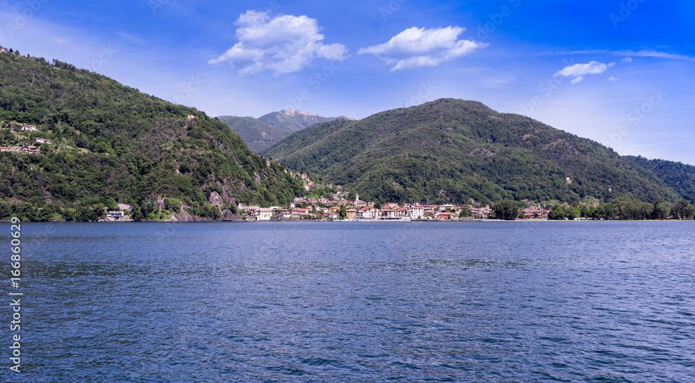 Maccagno on Lake Maggiore from the lake side - Maccagno, Lake Maggiore, Varese, Lombardy, Italy