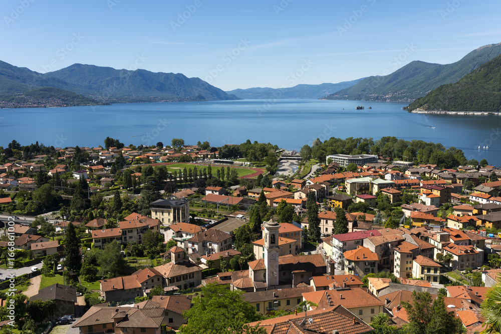 View over Maccagno to the southern part of Lake Maggiore - Maccagno, Lake Maggiore, Varese, Lombardy, Italy