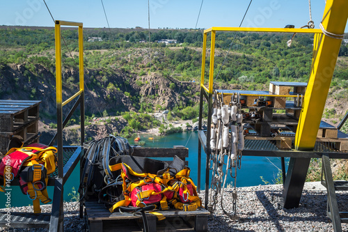 Zipline. Equipment for safe sliding on a steel cable. photo