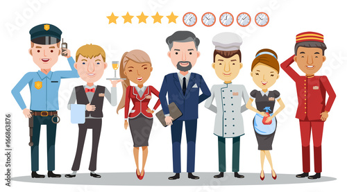 Hotel worker service group Of hotel. Waitress, manager, Housekeeping, Hotel luggage, Receptionist, Chef, Security guard,Character set Team work concept,detailed and unique.Isolated on White background