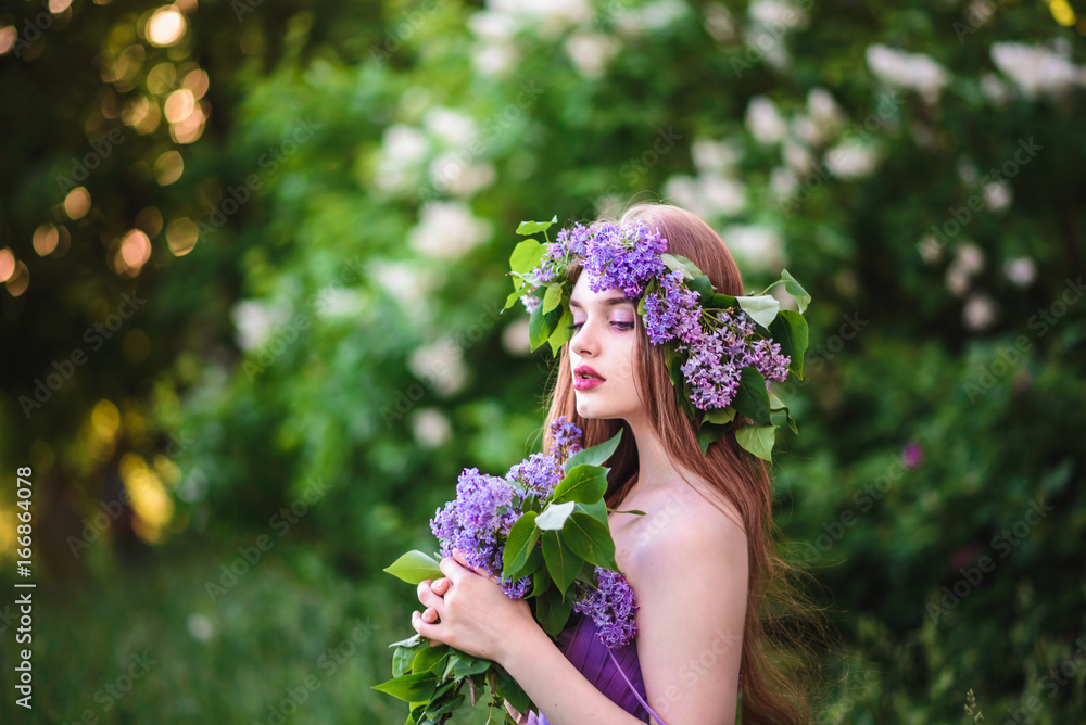 The girl with the wreath on his head in lilac The girl with the wreath on his head in lilac